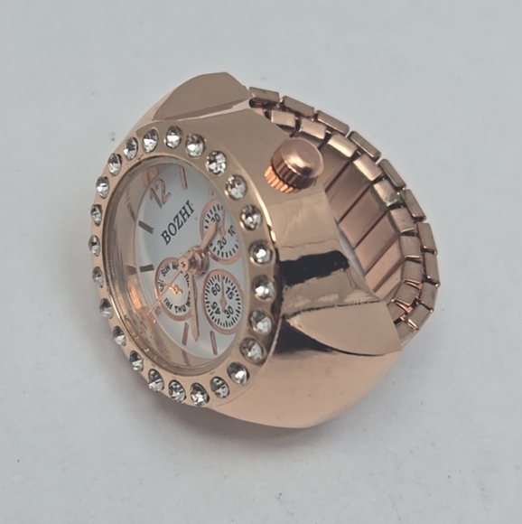 Womens Bozhi Ring Watch Rose Gold Tone Stone Bezel Stretch Band Working - Picture 6 of 14